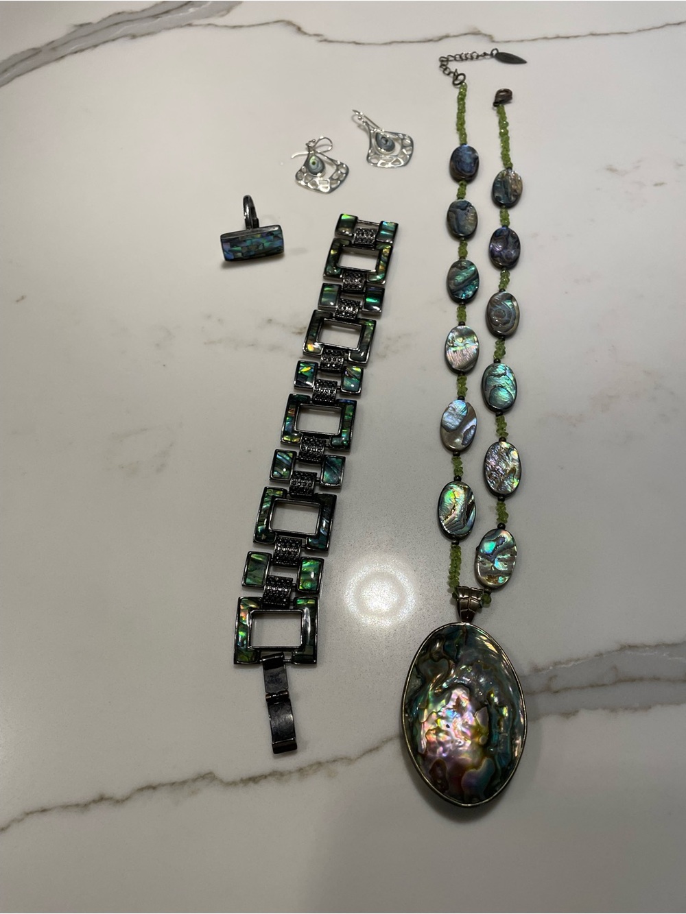 Abalone Shell Bracelet, Ring Set+Necklace+Silver Earrings- Iridescent Green Blue